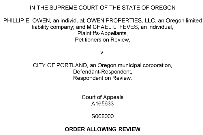 Portland relocation ordinance review Oregon Supreme Court