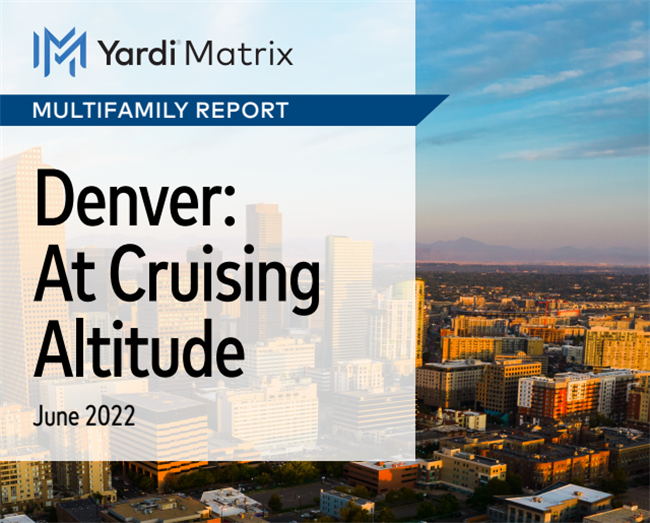 The Denver multifamily rental market shows rent growth picking up again, a job market that leads the nation and transaction activity that remains hot, according to the June Denver Yardi Matrix multifamily report.