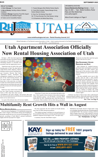 Utah Rental Housing Journal September 2022 helpful, useful information for rental property owners, managers and maintenance personnel