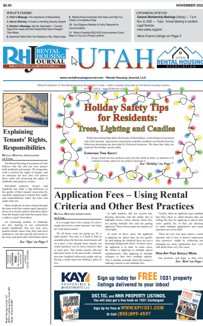 Utah Rental Housing Journal November 2022 helpful, useful content and information for rental property owners, landlords, property managers and maintenance personnel partnership with the Utah Apartment Association