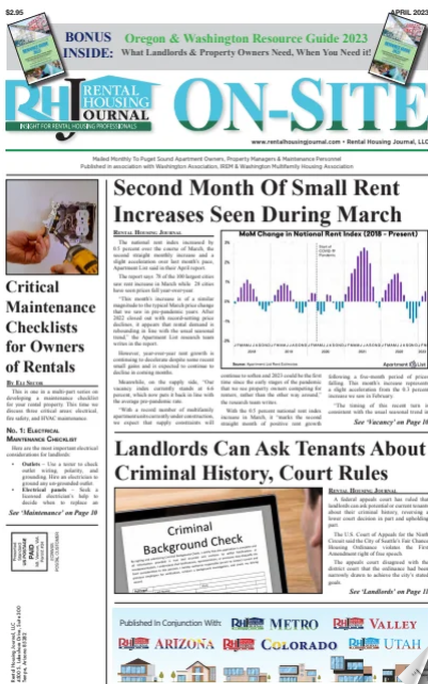 Rental Housing Journal Seattle On-Site for April 2023 helpful, useful content for rental property owners, property managers, landlords and maintenance personnel.