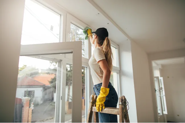 For rental property maintenance ladder safety training should include four employees: one on the ladder and two to three on the ground. 